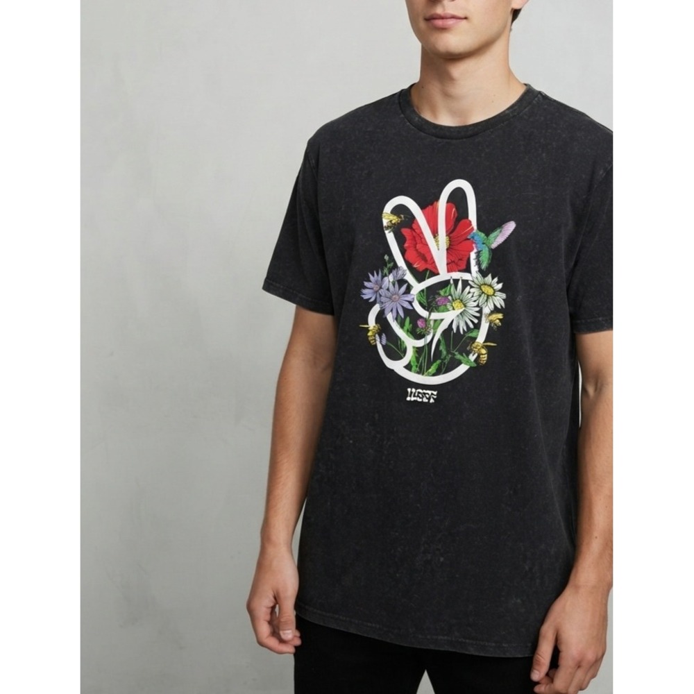 NEFF Peace Sign‎ Floral Bee Graphic Acid Wash Streetwear Skate T-Shirt XL
